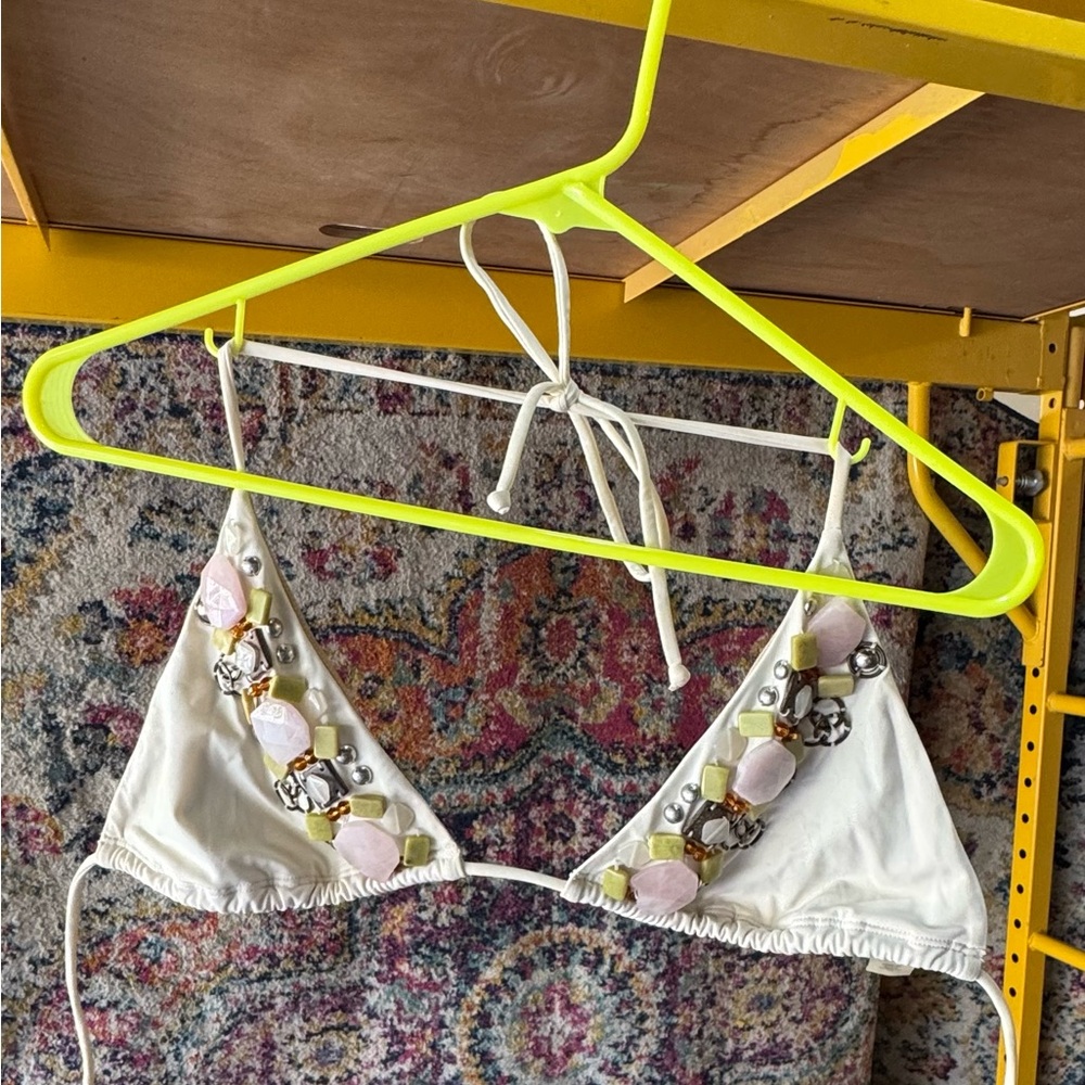 Vintage Boho Victorias Secret Embellished White Bikini Top, size large